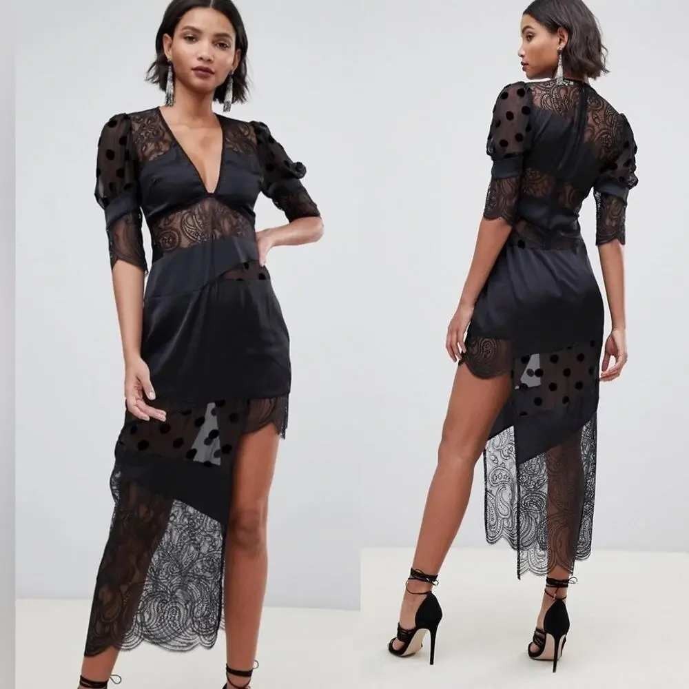 For Love & Lemons Rosalyn Black Flocked Dot Lace Panel Asymmetric Midi Dress S
